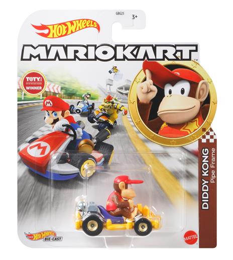 Hot Wheels - Mario Kart Personaggio Diddy Kong Pipe Frame,  veicolo in scala 1:64, per Bambini 3+ Anni