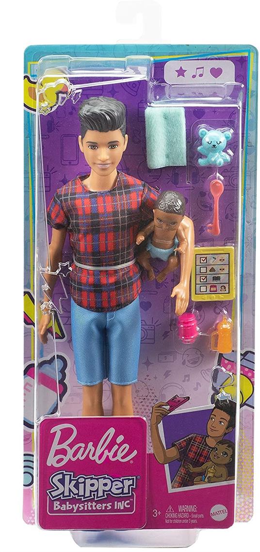 Barbie - Ken Babysitters Set con bambola Ken bruno, bebè e 4 accessori per la narrazione; Giocattolo per bambini 3+ anni - 6
