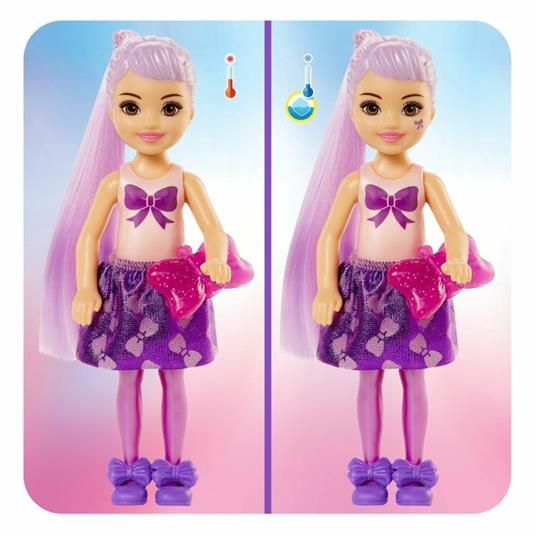 Barbie Chelsea Color Reveal, Serie Glitter, con Bambola, 6 sorprese e Accessori, Giocattolo per bambini 3+anni - 9
