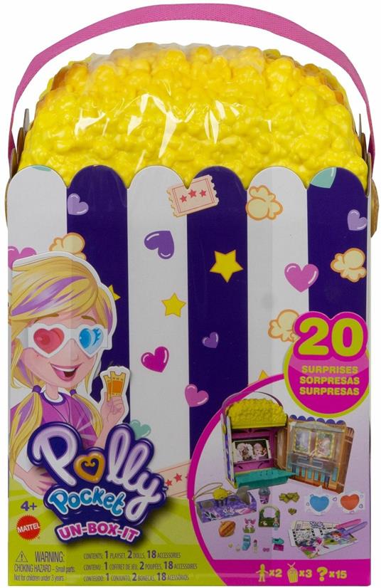 Polly Pocket Box Cinema, Scatola a Forma di Popcorn con Micro Bambole Polly e Lila e Oltre 15 Sorprese