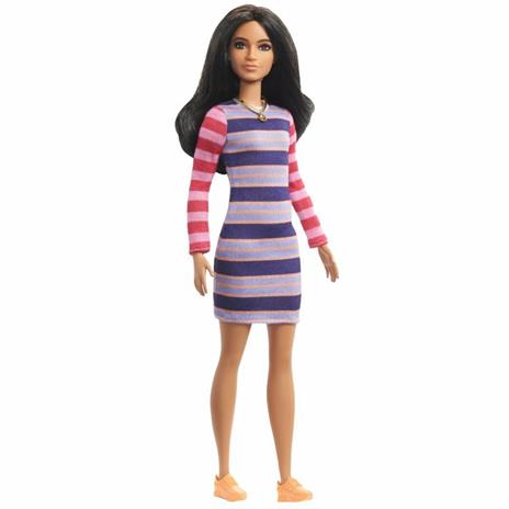 Barbie Fashionistas Bambola con Capelli Lunghi Castani, Abito a Righe e Accessori, Giocattolo per Bambini 3+Anni - 2