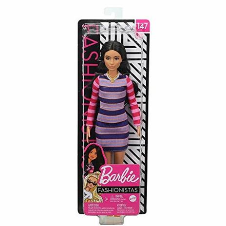 Barbie Fashionistas Bambola con Capelli Lunghi Castani, Abito a Righe e Accessori, Giocattolo per Bambini 3+Anni - 6