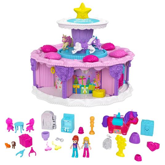 ?Polly Pocket Torta delle Sorprese a forma di torta di compleanno 7 aree di gioco e 25 sorprese incluse. Mattel (GYW06) - 5