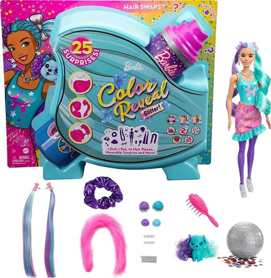 ?Barbie Color Reveal Glitter, Bambole con 25 acconciature e sorprese a tema festa, per bambini 3+ anni. Mattel (HBG38) - 2