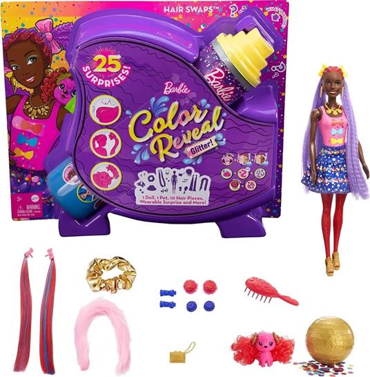 Barbie Color Reveal Glitter, Bambole con 25 acconciature e sorprese a tema  festa, per bambini 3+ anni. Mattel (HBG38) - Barbie - Bambole Fashion -  Giocattoli