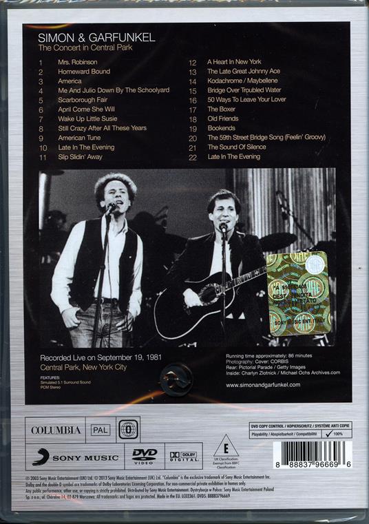 Simon & Garfunkel. The Concert In Central Park (DVD) - DVD di Simon & Garfunkel - 2