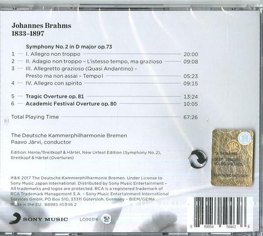 Sinfonia n.2 - Tragic Ouverture - CD Audio di Johannes Brahms,Paavo Järvi,Deutsche Kammerphilharmonie - 2