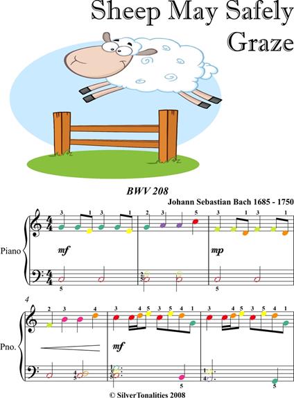 Sheep May Safely Graze BWV 208 Easy Piano Sheet Music with Colored Notes - Johann Sebastian Bach - ebook