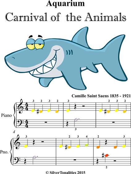 Aquarium Carnival of the Animals Beginner Piano Sheet Music with Colored Notes - Saint-Saens Camille - ebook