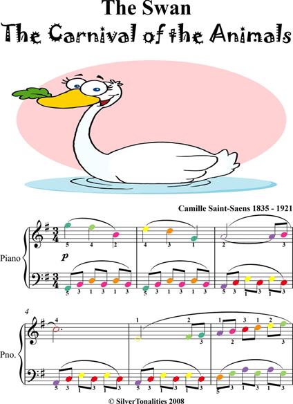 The Swan Carnival of the Animals Easy Piano Sheet Music with Colored Notes - Saint-Saens Camille - ebook