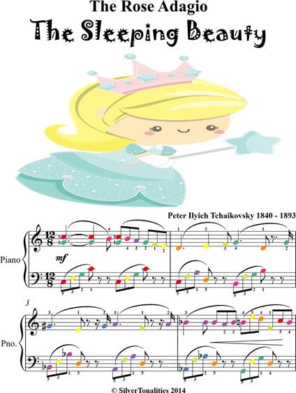Rose Adagio Sleeping Beauty Easy Intermediate Piano Sheet Music with Colored Notes - Peter Ilyich Tchaikovsky - ebook