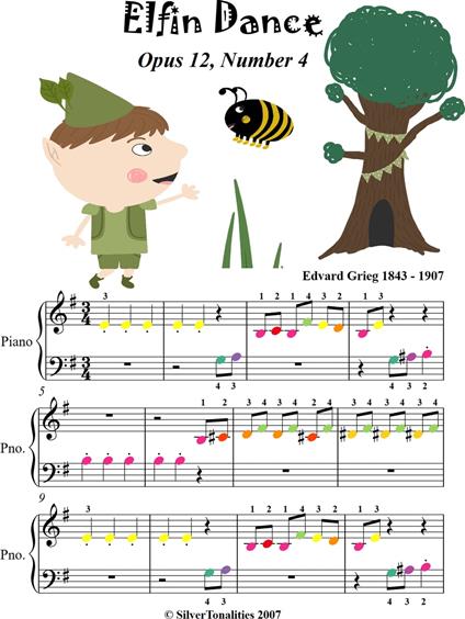 Elfin Dance Opus 12 Number 4 Beginner Piano Sheet Music with Colored Notes - Grieg Edvard - ebook