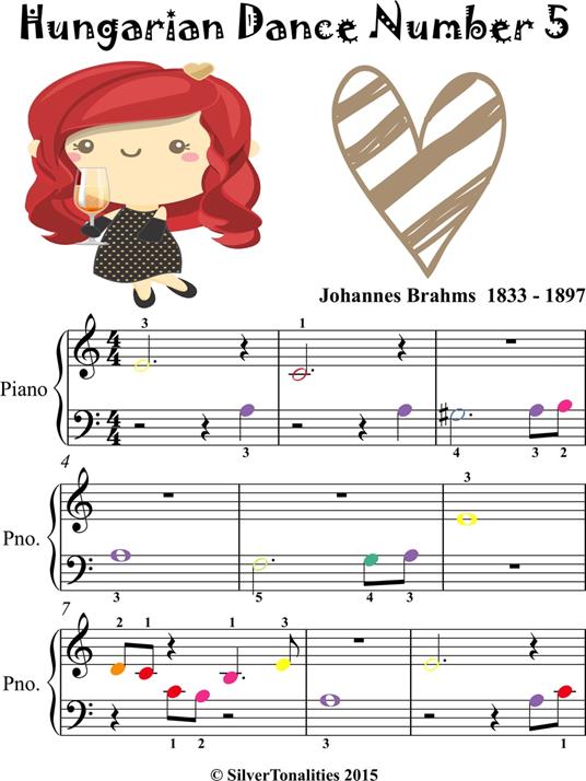 Hungarian Dance Number 5 Beginner Piano Sheet Music with Colored Notes - Johannes Brahms - ebook