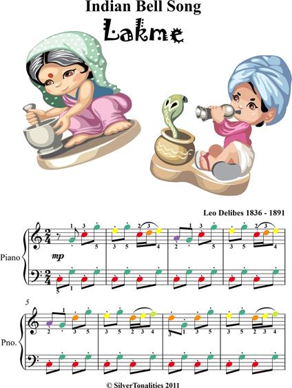 Indian Bell Song Easy Piano Sheet Music with Colored Notes - Delibes Leo - ebook