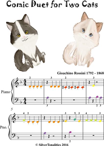 Comic Duet for Two Cats Beginner Piano Sheet Music with Colored Notes - Gioachino Rossini - ebook