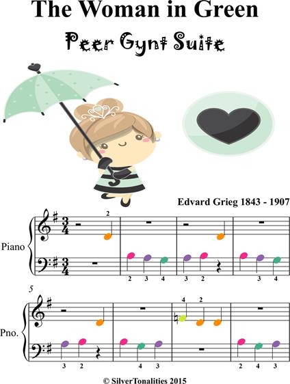 Woman in Green Peer Gynt Beginner Piano Sheet Music with Colored Notes - Grieg Edvard - ebook