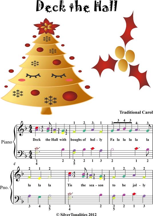 Deck the Hall Easy Elementary Piano Sheet Music with Colored Notes - Traditional Christmas Carol - ebook