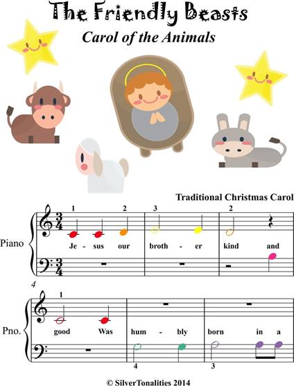 The Friendly Beasts Beginner Piano Sheet Music with Colored Notes - Traditional Christmas Carol - ebook