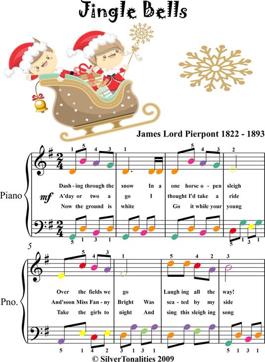 Jingle Bells Easy Piano Sheet Music with Colored Notes - Christmas Carol,  Traditional - Ebook - EPUB2 con DRMFREE