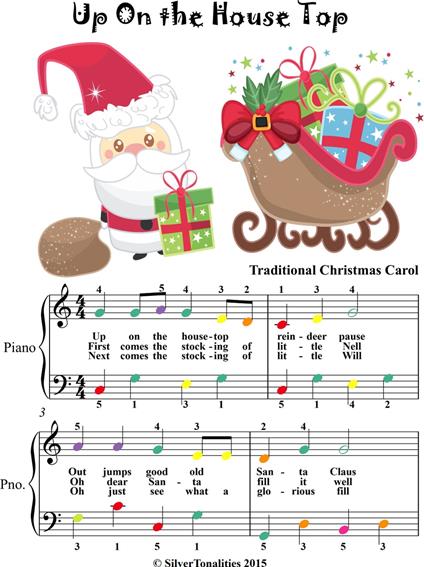 Up on the House Top Easy Piano Sheet Music with Colored Notes - Traditional Christmas Carol - ebook