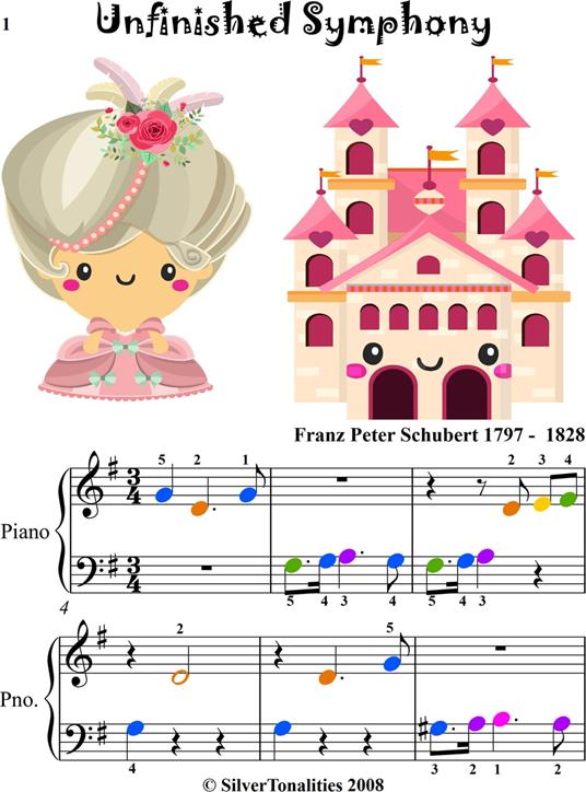 Unfinished Symphony Beginner Piano Sheet Music with Colored Notes - Franz Schubert - ebook