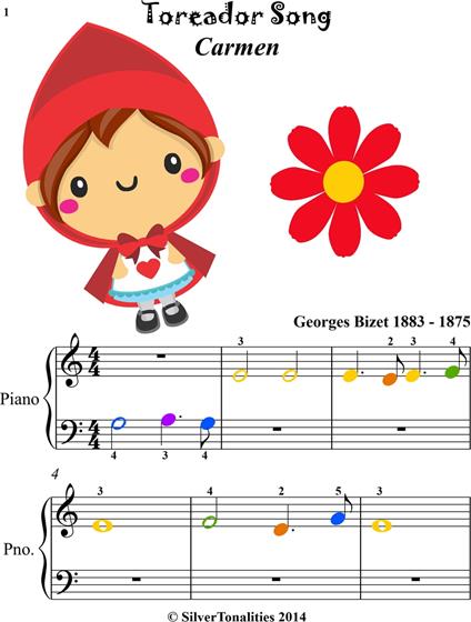Toreador Song Carmen Beginner Piano Sheet Music with Colored Notes - Georges Bizet - ebook