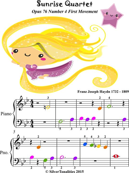 Sunrise Quartet Opus 76 Number 4 1st Mvt Beginner Piano Sheet Music with Colored Notes - Franz Joseph Haydn - ebook