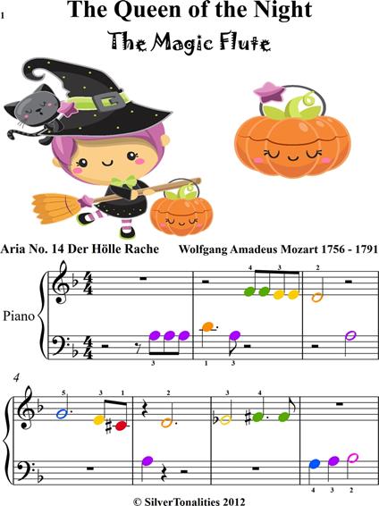 Queen of the Night Magic Flute Beginner Piano Sheet Music with Colored Notes - Wolfgang Amadeus Mozart - ebook