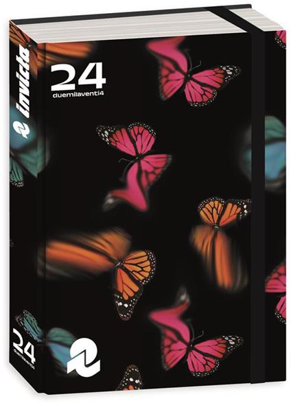 Diario Pocket 16 mesi, 2024-25, Invicta, nero farfalle blu-arancione-fucsia