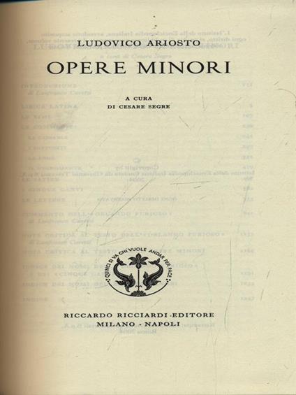 Ludovico Ariosto. Opere Minori. Vol. 20 - copertina