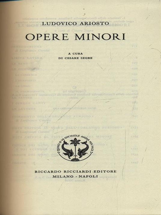 Ludovico Ariosto. Opere Minori. Vol. 20 - copertina