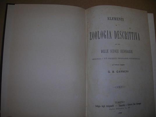 Elementi Di Zoologia Descrittiva Di: Garnieri, G.B Prima edizione - copertina