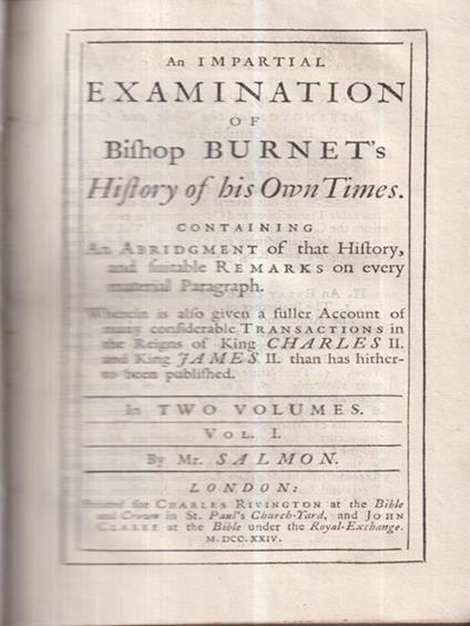 A Impartial Examination of Bishop Burnet's History of His Own Times - Thomas Salmon - copertina