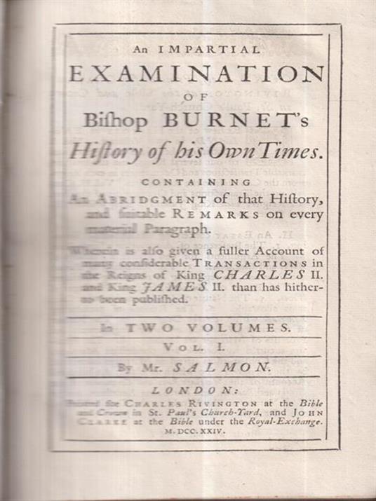 A Impartial Examination of Bishop Burnet's History of His Own Times - Thomas Salmon - copertina