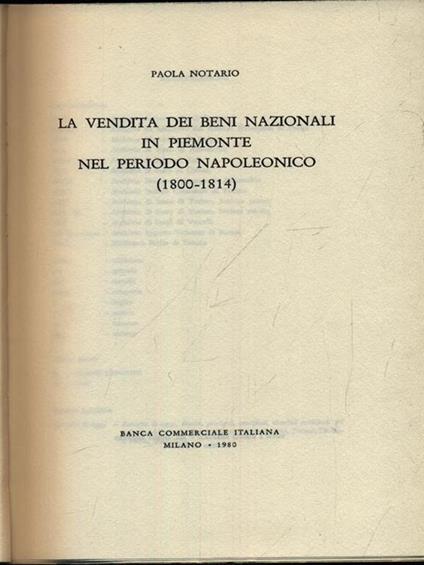 La vendita di beni nazionali in Piemonte nel perioso napoleonico - Paola Notario - copertina