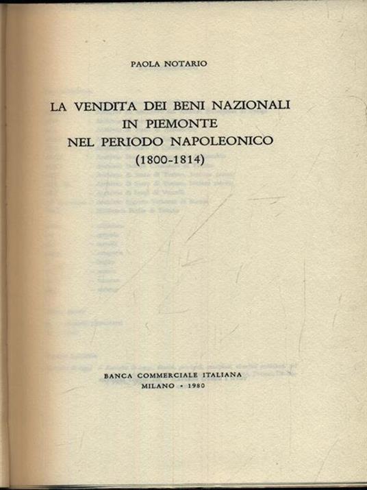 La vendita di beni nazionali in Piemonte nel perioso napoleonico - Paola Notario - copertina