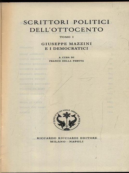 Scrittori politici dell'Ottocento I tomo - Franco Della Peruta - copertina