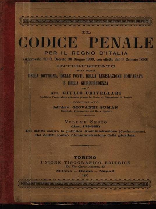 Il codice penale per il Regno d'Italia vol. 6 - Giulio Crivellari - copertina