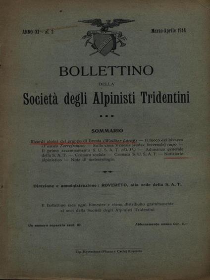 Bollettino della società degli alpinisti tridentini marzo-aprile 1914 - copertina