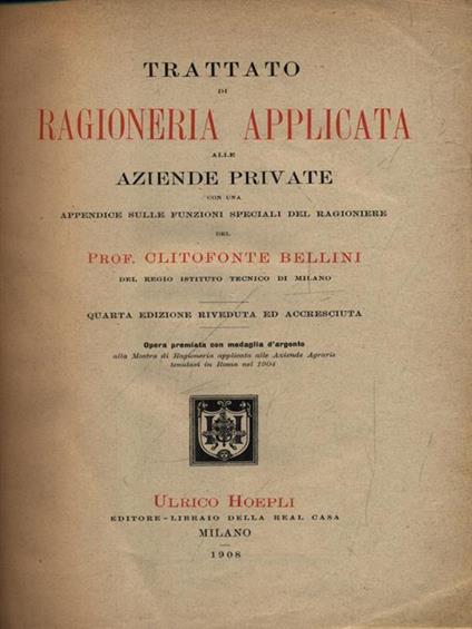 Trattato di ragioneria applicata alle aziende private - Clitofonte Bellini - copertina