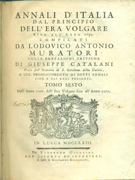 Annali d'Italia dal principio dell'era volgare sino all'anno 1750 6vv - Lodovico Antonio Muratori - copertina