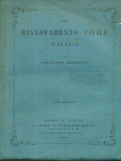 Del rinnovamento civile d'Italia 2vv - Vincenzo Gioberti - copertina