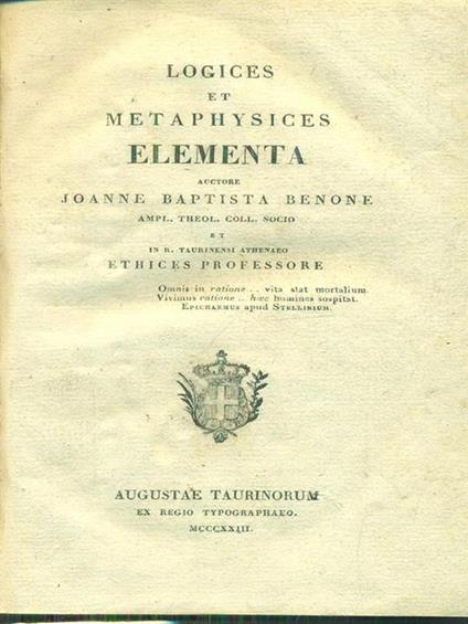 Logices et metaphysices elementa - Joanne Baptista Benone - copertina