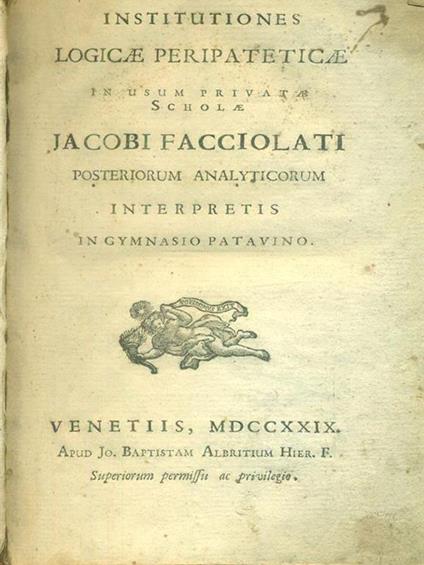 Institutiones logicae peripsteticae - Jacobi Facciolati - copertina