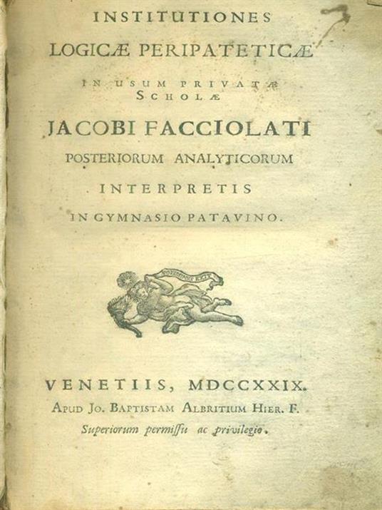 Institutiones logicae peripsteticae - Jacobi Facciolati - copertina