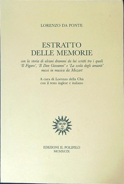 Estratto delle memorie - Lorenzo Da Ponte - copertina