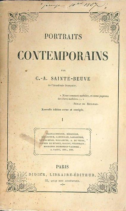 Portraits contemporains. Vol I - C.A. Sainte-Beuve - copertina