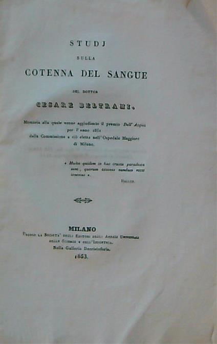 Studi sulla cotenna del sangue - Cesare Beltrami - copertina