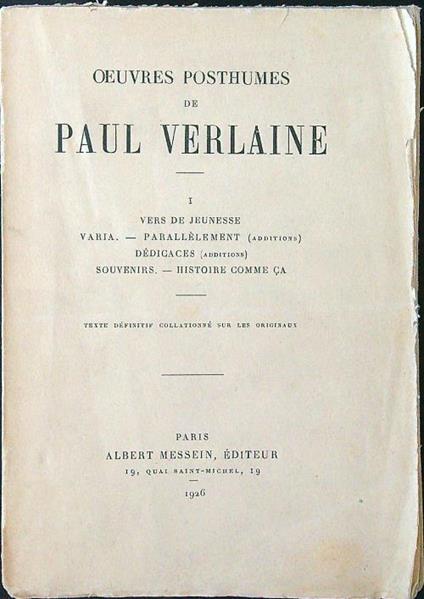 Oeuvres posthumes de Paul Verlain vol. I - copertina