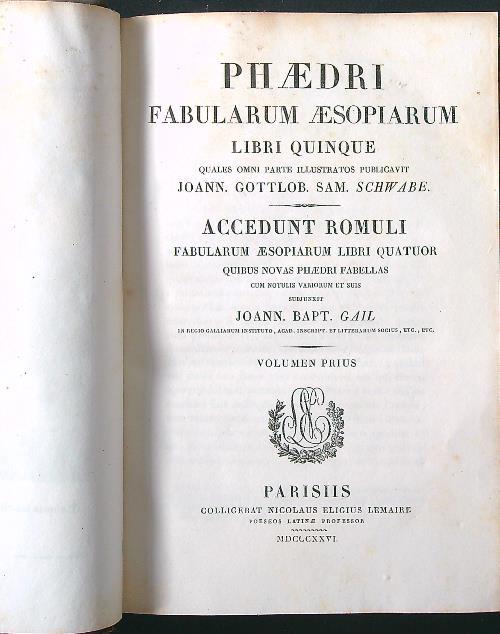 Phaedri fabularum aesopiarum libri quinque volumen prius - copertina